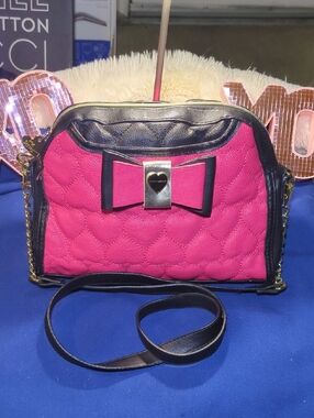 Betsey Johnson Hot Pink Quilted Crossbody with Black Trim & Bow NOW ONLY $45